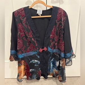 Vintage R&M Richards Black Floral Embroidered Kimono Blouse